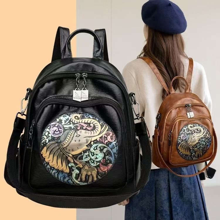 Vintage Artistic Leather Backpack - AM01409MB Unique hand-painted design for stylish travel