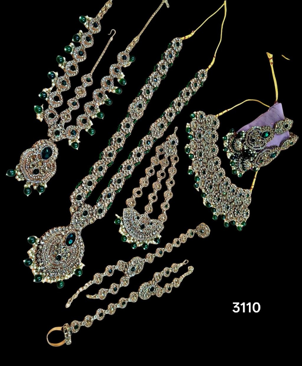 3110 Traditional Indian Jewelry Set - SA00826PB Elegant bridal set with green stones and intricate detailing