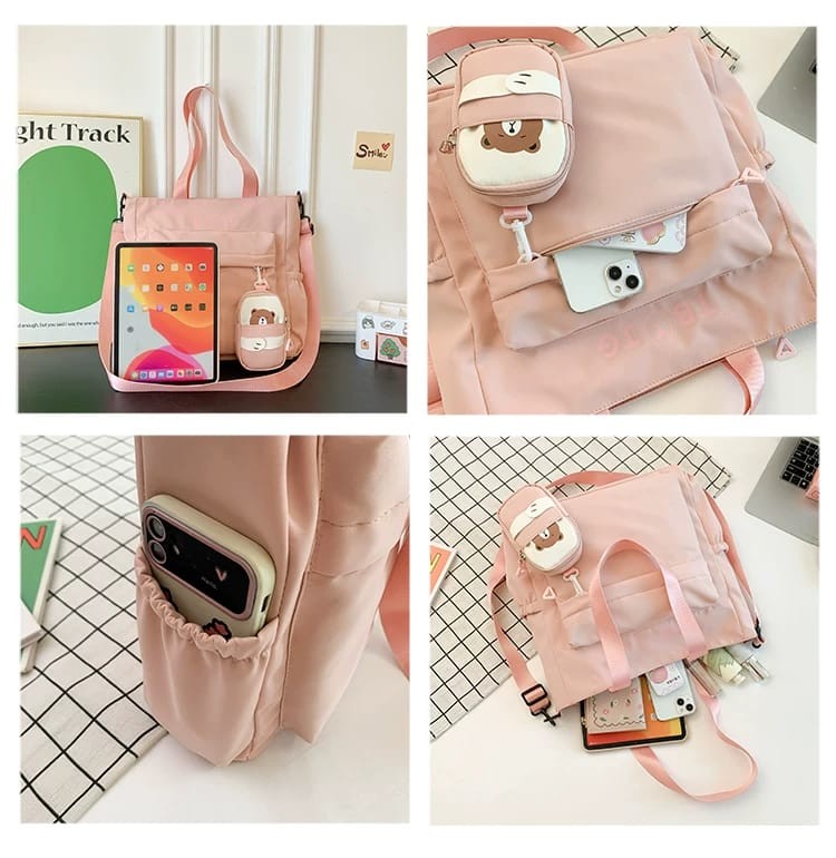 Beige Canvas Tote Bag -AM01408MB Trendy multifunctional shoulder bag for everyday use